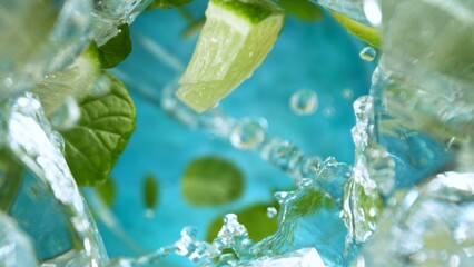 Wall Mural - Freeze Motion Shot of Preparing Mojito Cocktail, Macro, Unique Angle of View from the Bottom of the Glass