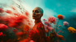 © ADDICTIVE STOCK - AI Generated Image. Trendy bald woman wearing colorful dress in the garden with colorful flowers