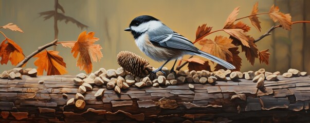 Wall Mural - Beautiful chickadee bird on amazing stump.