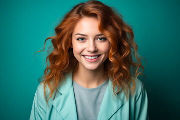 Wall Mural - Woman with red hair and blue jacket smiling.