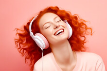 Woman With Red Hair Wearing Headphones And Smiling.
