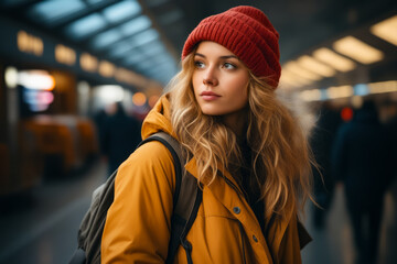 Poster - Woman with red hat and brown jacket.