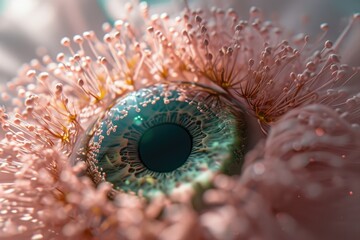 Poster - A surreal macro shot of an eye with pink floral elements resembling petals and pollen, creating a unique fusion of human and nature in a dreamy, artistic composition.