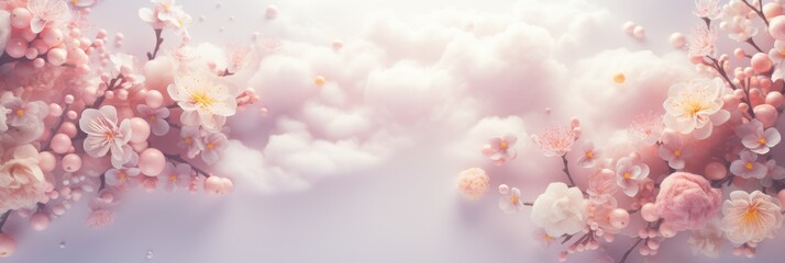 Poster - This painting captures a serene scene of delicate pink flowers blooming amidst fluffy clouds in the sky, creating a harmonious and dreamy atmosphere