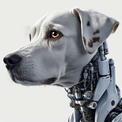 Wall Mural - Robot dog with white body and brown spots on its ears is looking into the camera.