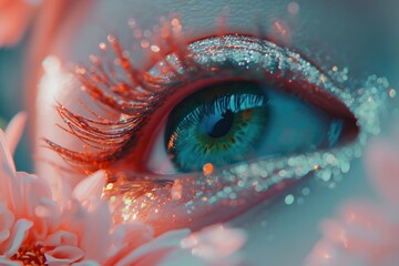 Poster - A captivating close-up of a human eye with a delicate flower delicately placed in the foreground, creating a juxtaposition of natures beauty and the human gaze
