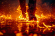 Person is walking on fire with their feet surrounded by yellow flames.