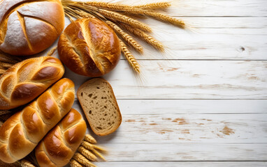 Sticker - Variety of breads and fresh pile of golden wheat bran.