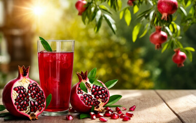 Sticker - Glass of red fruit juice sits next to two pomegranates.