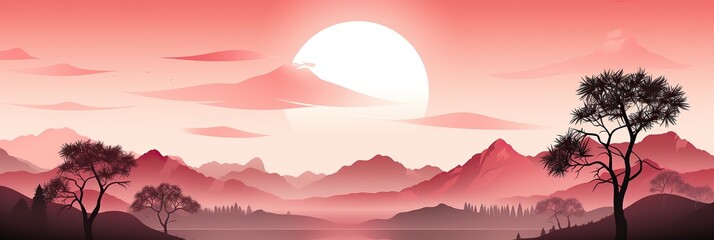 Poster - A stunning painting capturing the vibrant colors of a sunset over majestic mountains and lush green trees