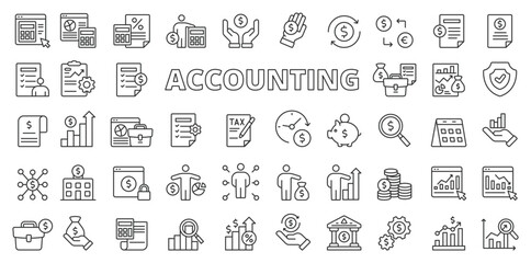 Accounting icons in line design. Accounting, analytics, finance, business, money, financial, audit, tax, budget, capital isolated on white background vector. Accounting editable stroke icons.