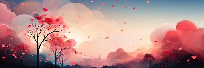 Poster - A vibrant painting showcasing a serene scene of tall trees reaching towards fluffy clouds in the colorful sky