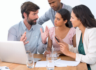 Poster - Group, laptop and business people planning with leader, training or brainstorming in creative startup. Team, computer and diverse employees in collaboration, coaching and serious designers in meeting