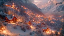 Snowy Village Scene Under A Gentle Snowfall