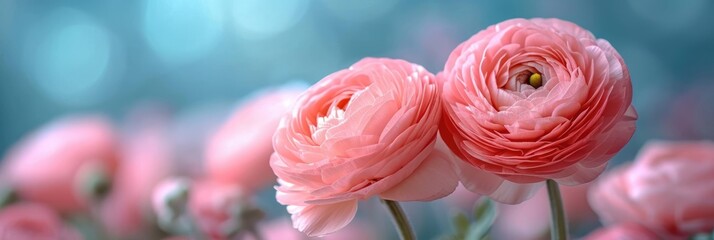 Wall Mural - A cluster of delicate pink flowers fills the frame, their vibrant color popping against a soft, blurry background