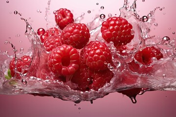 Poster - A bunch of ripe raspberries tumbling gracefully into a clear pool of water, creating mesmerizing ripples and splashes