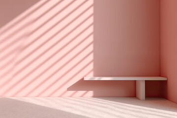 Wall Mural - A white bench sits in a pink room, casting a long shadow on the wall, creating a serene and contemplative atmosphere