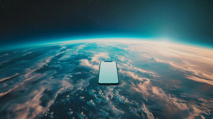 Isolated smartphone device flying in the sky space with blank empty white screen, global communication technology concept