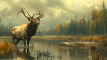 An Elk Standing In A Wide River