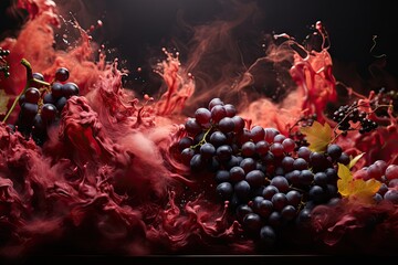 Poster - A vibrant assortment of red and black grapes scattered on a sleek black background