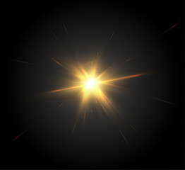Poster - The effect of bright sunlight. Twinkling golden star on a black background. Bright light effect. Vector