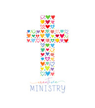 Creative Cross With Set Of Hand Drawn Style Colorful Hearts. Christian Ministry Logo Concept. Sunday School Cute Symbol. Isolated Elements. Flat Design. Church Icon Template. Charity Mission Sign Idea