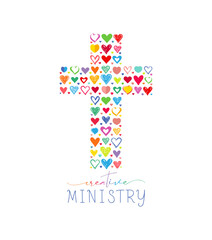 Wall Mural - Creative cross with set of hand drawn style colorful hearts. Christian ministry logo concept. Sunday school cute symbol. Isolated elements. Flat design. Church icon template. Charity mission sign idea