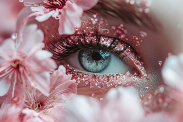 Aufkleber - A detailed close-up  of a persons eye, with vibrant pink flowers delicately framing the eye. The intricate details of the eye are highlighted against the soft petals of the flowers