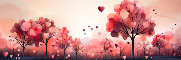 Poster - A colorful painting depicting trees with heart-shaped leaves soaring through the sky alongside hearts of various sizes, creating a magical and dreamy atmosphere