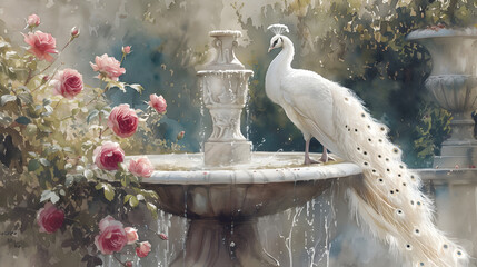 white peacock couple on marble fountain, classical European garden watercolor painting