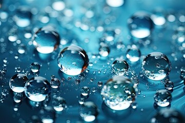 Fototapete - A cluster of shimmering water droplets is scattered across a smooth blue surface, reflecting light and creating a mesmerizing visual display