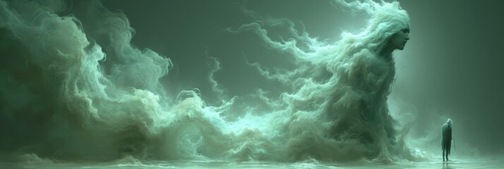 Poster - A stunning painting depicting a vast body of water stretching into the horizon, framed by billowing clouds in a picturesque and dreamlike scene
