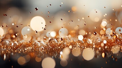 Sticker - Close-up of a myriad of glistening bubbles scattered across a wooden surface, reflecting light in a mesmerizing display