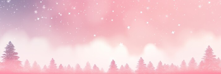 Poster - A dreamy scene unfolds as a pink sky spans the horizon, dotted with twinkling stars. Silhouetted trees stand tall in the foreground, creating a peaceful and enchanting atmosphere