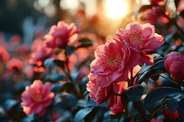 Poster - Pink flowers in full bloom cast a soft glow in the garden as the sun sets, painting the scene with a warm, ethereal light