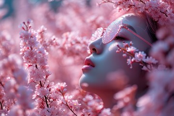 Poster - woman with pink flowers delicately placed in her hair, radiating beauty and grace in a serene setting