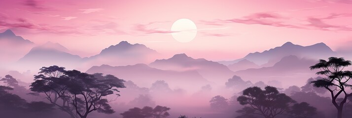 Poster - A stunning painting depicting a pink sky stretching over towering mountains in the distant background, creating a serene and peaceful landscape