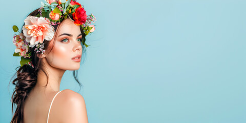 Wall Mural - Left view of a woman with flowers wreath on hair