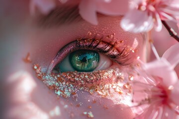 Poster - A close-up view of a persons eye with glitter delicately applied, creating a mesmerizing and enchanting sparkle that catches the light