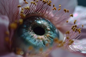 Poster - A stunning close-up shot of a delicate flower with a vibrant blue center resembling an eye, showcasing natures intricate beauty