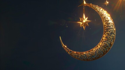 Ramadan mubarak template with crescent gold moon with realistic ramadan lamp or lantern