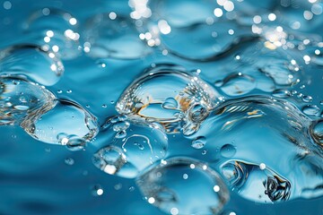 Poster - Close-up of transparent water bubbles cascading on a vibrant blue surface, creating a mesmerizing visual display