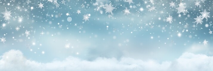 Poster - A mesmerizing scene unfolds as fluffy snowflakes gracefully descend from a vast, cerulean sky, blanketing the landscape in a serene embrace