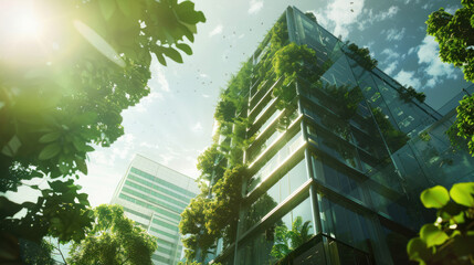 Wall Mural - Eco-friendly building in the modern city. Sustainable glass office building with trees for reducing heat and carbon dioxide. Office building with green environment. Corporate building reduce CO2.