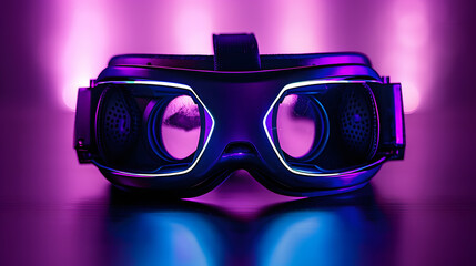 Wall Mural - 3d 360 vr headset glasses goggles lenses in futuristic purple neon light on table, close up view