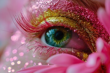 Poster - woman eye with shimmering glitter delicately applied to the eyelid, creating a mesmerizing and enchanting effect