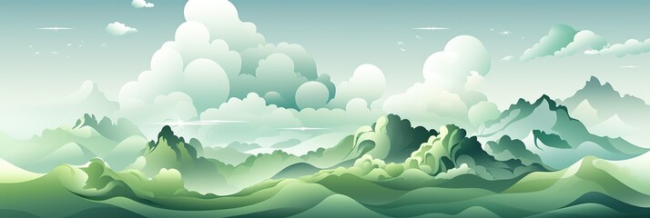 Poster - A vibrant painting featuring a majestic mountain range reaching towards a sky filled with fluffy clouds, creating a sense of awe and serenity