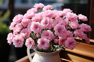 Wall Mural - A beautiful vase brimming with pink flowers elegantly placed on a sunlit window sill