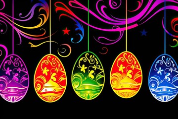 Poster - A vibrant group of colorful eggs sway gracefully on strings, creating a whimsical and festive display