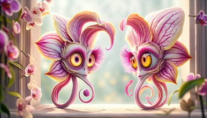 Poster - A couple of pink flowers basking in the sunlight, delicately perched on a windowsill
